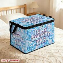 1pc 2DFlat Foldable Zipper Storage Box, Blue Iridescent Fluid Shell Fun English Art Letter Full Print Design, Can Store Clothes, Bedding, Nail Tools, Holiday Sundries, Suitable For Under Bed, Wardrobe Placement And Moving Packing, Zipper Closure Secure, Reinforced Handle Durable Weight-Bearing Living Room Sundries Storage Basket, Dormitory Seasonal Bedding, Book Storage Supplies - A - View 5