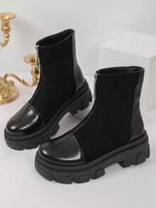 Autumn/Winter Women's Patchwork Ankle Boots With Rhinestones, Zipper, Thick Sole, Height-Increasing, Casual Versatile - Black - View 5