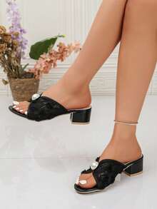 1 Pair Women's Elegant Floral Lace Large Pearl Decor Open Toe Slip-On Sandals, Wedding Summer Women's Sandals - Black - View 6