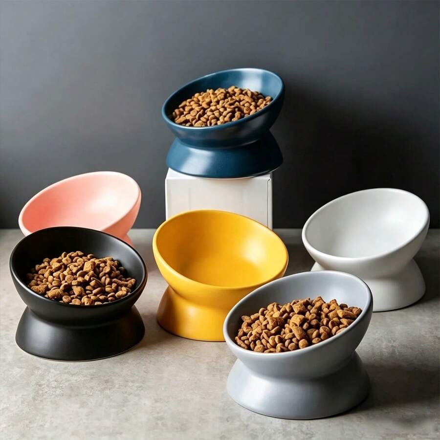 1pc Elevated Tilted Ceramic Cat Bowl With Non-Slip Base, Neck Protection Anti-Tip Pet Food And Water Bowl, Suitable For Cats And Small Dogs, Improves Digestion Indoor Pet Feeding Bowl - 500ml - View 1
