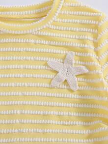 Girls' Casual Fashion Pineapple Plaid Striped Round Neck 3D Starfish Applique Ruched Waist Slim Fit Knit Top, Spring/Autumn - Yellow - View 4