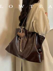 low tea 1pc Pleated PU Fabric Shoulder Tote Bag Suitable For Commuting, Shopping, Etc. (With Pendant) - Coffee - View 9