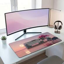 Pink Cherry Blossom Tree Full Moon Reflection On Quiet Lake Pattern Extra Long Gaming Mouse Pad And Desk Mat Set, Non-Slip Durable Rubber Base, Smooth Surface Suitable For Computer Laptop Office Home, Abstract Art Decor, Back To School Supplies - A - View 5