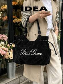 New Women's Matte Embroidered Letter PU Tote Bag, Drawstring Shoulder Large Capacity Commuter Underarm Bag, Casual Daily Work Versatile Handbag Crossbody Bag - Black - View 5