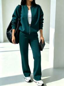2pcs Casual Solid Color Sweatshirt Jacket Top And Straight Leg Pants Set, Soft Fleece Fabric, Suitable For Spring, Autumn And Winter Elegant Summer - Dark Green - View 4