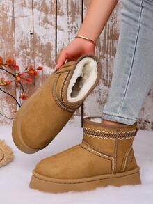 Women's Solid Color Faux Suede Thick Sole Short Snow Boots, Geometric Embroidered Collar With Contrast Stitching Detail - Khaki - View 2
