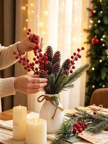 50pcs/40pcs Pine Cone & Red Berry Decor | Realistic Plastic Branch Christmas Tree Decoration | Winter Wedding & Wreath Centerpiece Decor | Durable Pine Cone & Red Berry Decoration | Holiday Berry Wreath Accessory - Multicolor - View 2