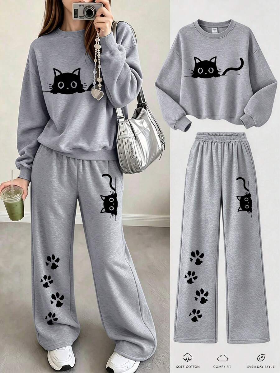 2pcs Set Suitable For Girls Big Tween Girl, Round Neck Sweatshirt With Cute Cat Print + Wide Leg Pants Matching Set, Perfect For Autumn/Winter Daily Wear - Multicolor - View 1