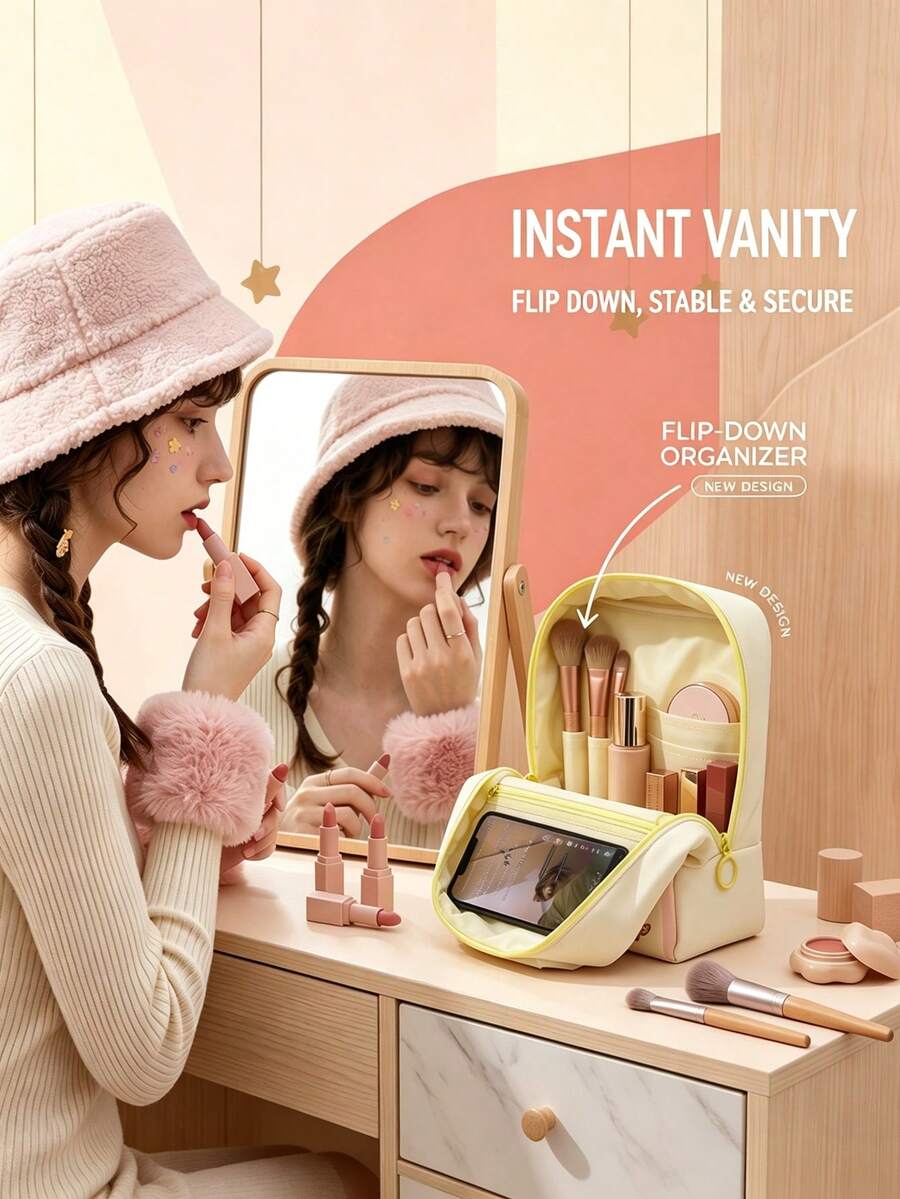 New Vertical Makeup Bag, Toiletry Storage Organizer, Large-Capacity Multi-Functional Cosmetic Storage Case Portable With Partitioned Sections LAZY TRAVELUPRIGHT COSMETIC BAG COMPACT SIZE LARGE CAPACITYMEETS DAILY NEEDS - View 1