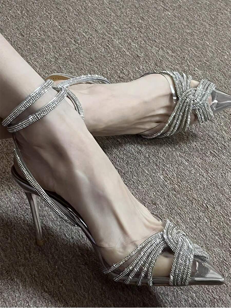 Sandal Hak Tinggi Stiletto Ujung Lancip Bertabur Berlian Imitasi Perak untuk Wanita dengan Tali Pergelangan Kaki, Pita, Dekorasi Kristal, Sepatu Pesta Malam Transparan - Perak - View 1