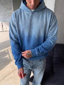 男士復古水洗漸層藍色連帽衛衣，寬鬆落肩袋鼠口袋街頭風套頭衫 - 藍色 - 查看 1