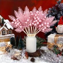 10pcs Mixed Simulation Pink Pine Needles And Shiny Berries Stem - Glossy Surface, Exquisite Christmas Branches, For Holiday Decorations, Wreaths, Vase Centerpieces, Seasonal Tabletop Decor, Festive Table Additions, Perfect For Christmas Tree - Multicolor - View 5