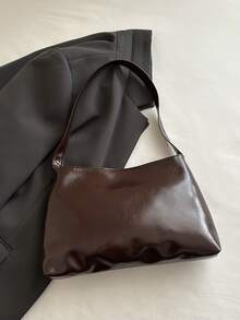 1 buah Tas Tote Wanita Kapasitas Besar Warna Solid PU dengan Tali Gesper Cokelat Kopi, Tas Bahu Wanita - Coffee Brown - View 5