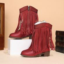 Sepatu Boots Anak Perempuan Gaya Western dengan Rumbai, Hak Tinggi, Nyaman dan Serbaguna, Desain Colorblock, Ujung Runcing, Resleting Samping, Panjang Tengah Betis, Kasual - Merah - View 3