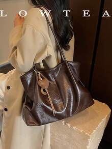 low tea 1pc Pleated PU Fabric Shoulder Tote Bag Suitable For Commuting, Shopping, Etc. (With Pendant) - Coffee - View 13