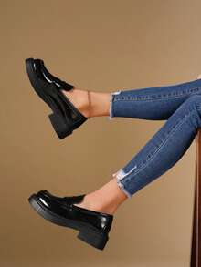 Black Thick Sole Loafers Women Versatile Commute Slip-On Shoes - Black - View 3