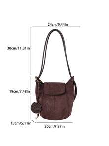 low tea 1pc Small Bucket Suede Fabric Shoulder Bag Suitable For Commuting, Shopping, Etc. (With Pendant) - Coffee - View 3