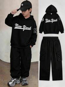 Boys And Teens, Black Hoodie And Black Cargo Pants Two Pieces Set; Creative Letter Print Pullover, Simple Casual Style Long Sleeve Long Pants Set For Boys - Black - View 1