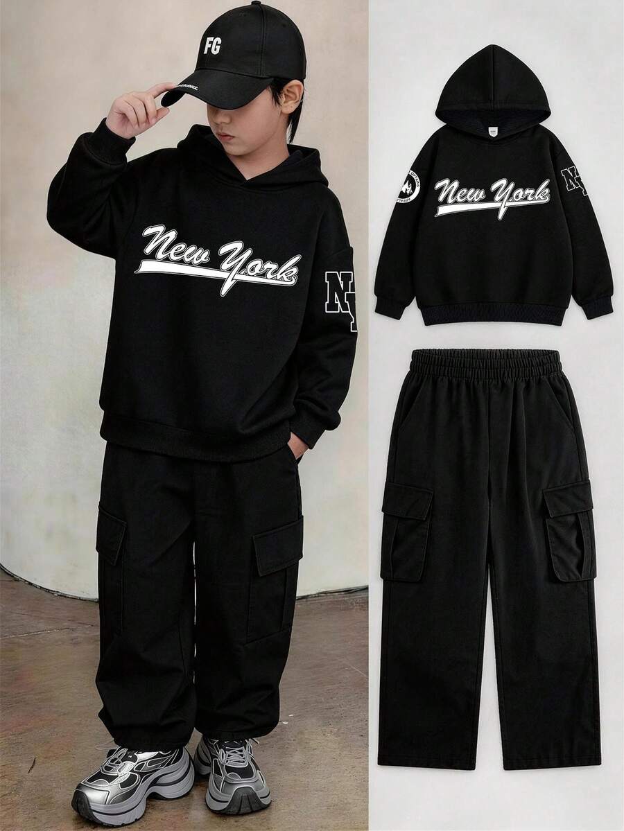Boys And Teens, Black Hoodie And Black Cargo Pants Two Pieces Set; Creative Letter Print Pullover, Simple Casual Style Long Sleeve Long Pants Set For Boys - Black - View 1