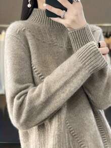 Plus Size Solid Color Turtleneck Knit Sweater Long Sleeve Casual Pullover Elegant Warm Spring Winter Daily Wear And Vacation Fall - Khaki - View 4