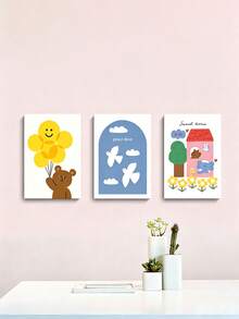 Korean Style Cute Cartoon Bear & Flower Wall Art, INS Style Children's Room Bedroom Bedside Decor Painting, Framed Or Unframed - Cartoon - View 4