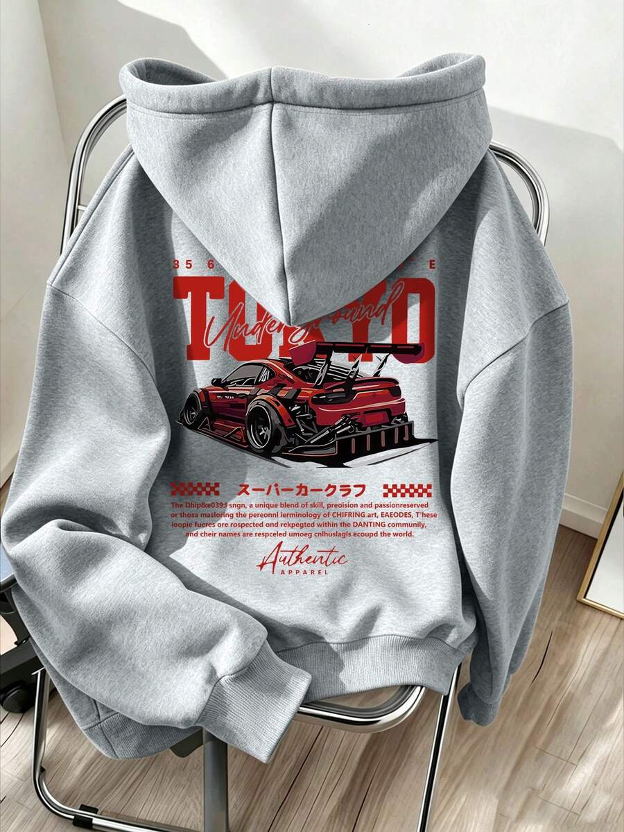 Teen Girls Hooded Sweatshirt, Red Letter And Red Sports Car Print, Soft And Machine Washable, Suitable For Travel, School And Shopping - Grey - View 1