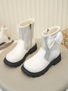 1 Pair Girls' Autumn/Winter Bow-Knot Ankle Boots, Silver Metallic Patchwork Side Zipper Thick Sole Princess Style Comfortable Fashion Kids Boots - White - View 3