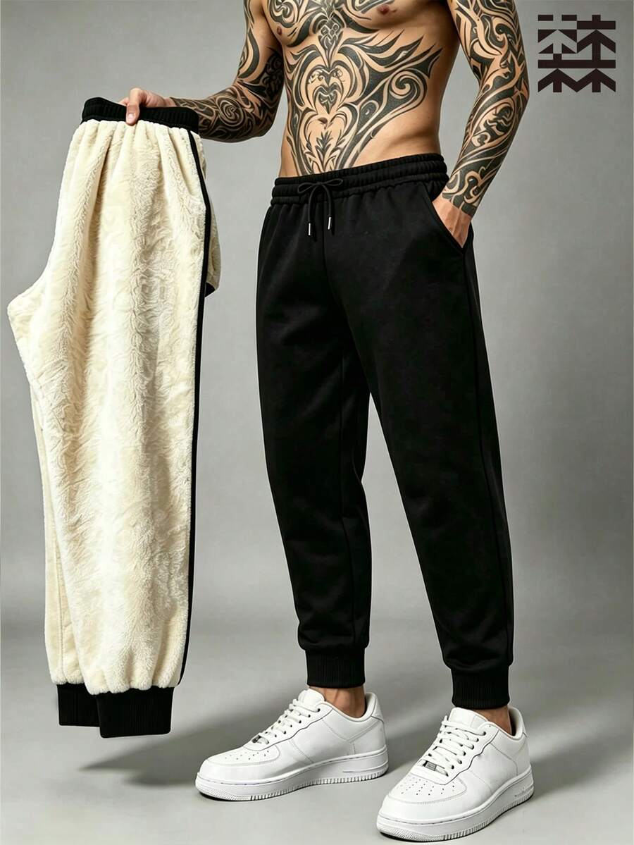 mulinsen Men's Solid Color Lamb Fleece Lined Drawstring Cuffed Sweatpants, Warm Elastic Hem With Pockets, Winter Casual Long Pants - Black - View 1