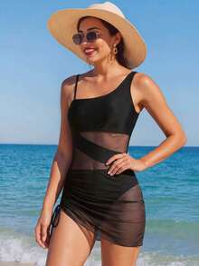 1pc Solid Color New Fashion European American Mesh Patchwork Drawstring One-Piece Women's Swimsuit For Beach, Vacation, Travel Black Summer - Black - View 3