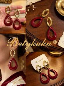 Betykuku 1 Pair European & American Old Money Street Fashion Green & Red Flower Pendant Earrings For Women & Girls, Daily Casual Party Jewelry Gift - Red Teardrop - View 7