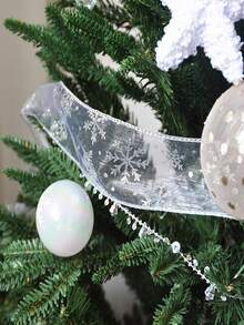 1PC Gold Foil Snow Tulle With Wired Edge Snowflake Organza Christmas Decorative Ribbon With Silver Glitter Bow Material - Multicolor - View 2