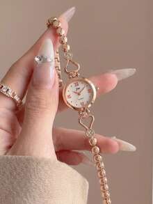 gedi 1pc Fashion Women's Alloy Bracelet Watch, Elegant Vintage, Round Dial With Heart-Shaped Rhinestone Chain, Suitable For Various Occasions, Ideal Holiday Gift - Pink - View 13