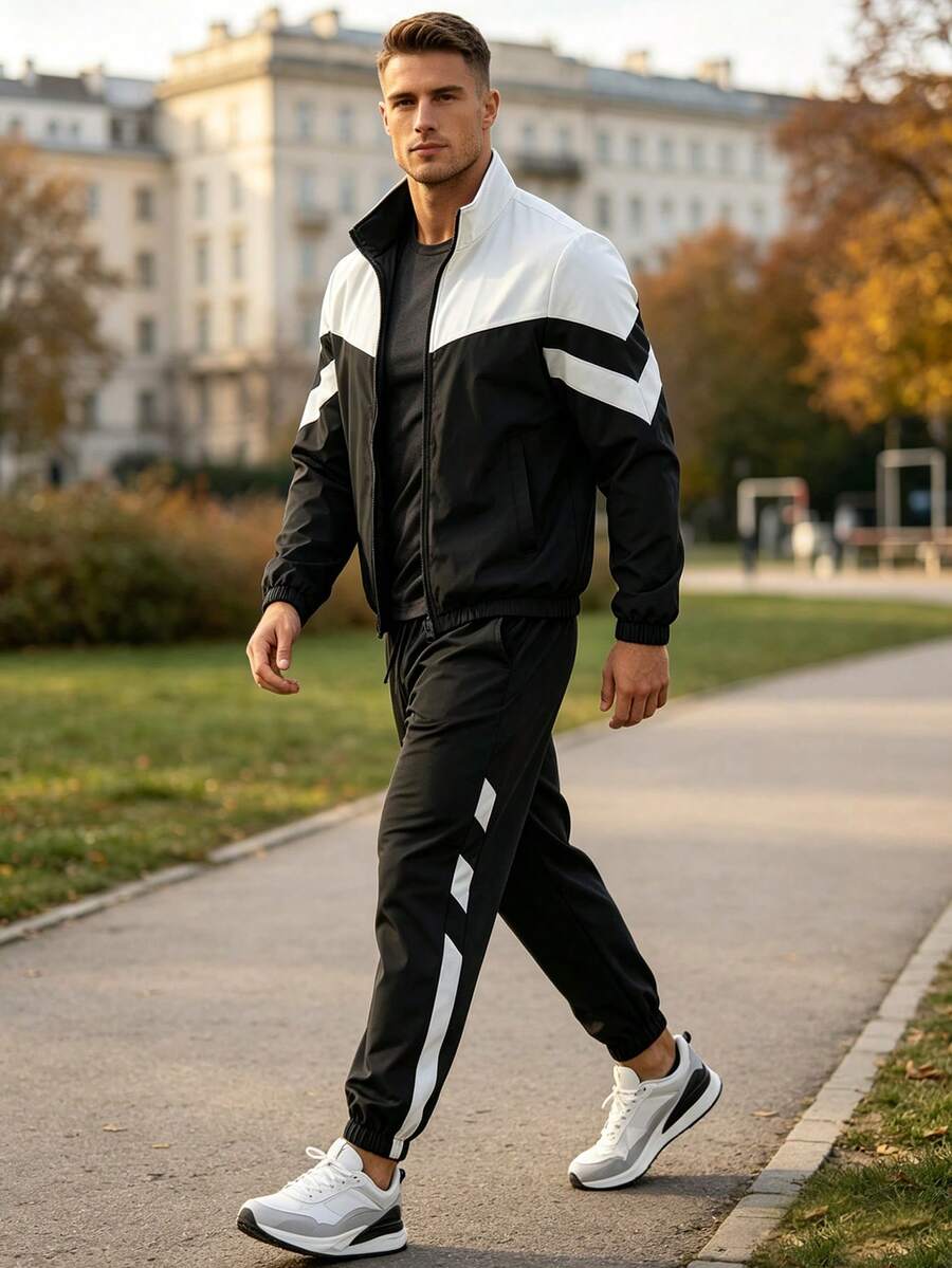 1 Set Jaket dan Celana Jogger Pria Motif Blok Warna Musim Gugur, Setelan 2 Potong, Pakaian Olahraga Kasual Jalanan untuk Acara Urban - Hitam dan Putih - View 1