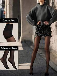 Multi-Color Sheer Tights, Apricot / Coffee / Black High Elastic High Waist Pantyhose, Suitable For Plus Size - Black - View 5