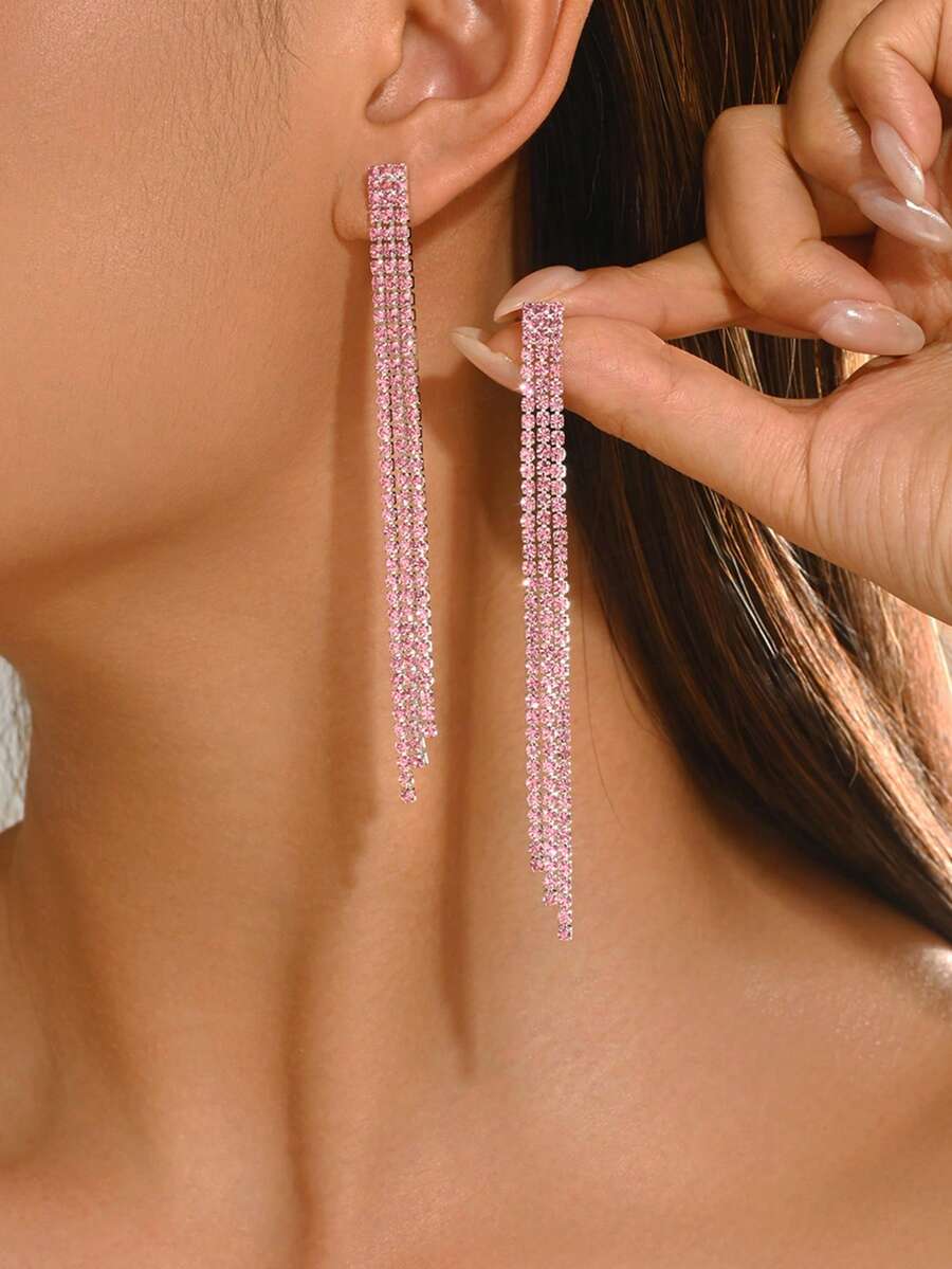 1 Pair Minimalist Blue Rhinestone Tassel Earrings Suitable For Women's Party, Evening Gala, Stage Performance, Music Festival And Other Occasions - Pink - View 1