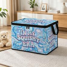 1pc 2DFlat Foldable Zipper Storage Box, Blue Iridescent Fluid Shell Fun English Art Letter Full Print Design, Can Store Clothes, Bedding, Nail Tools, Holiday Sundries, Suitable For Under Bed, Wardrobe Placement And Moving Packing, Zipper Closure Secure, Reinforced Handle Durable Weight-Bearing Living Room Sundries Storage Basket, Dormitory Seasonal Bedding, Book Storage Supplies - A - View 8