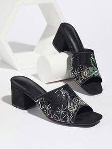 Spring/Summer Fashion Versatile Rhinestone Breathable Single Strap Women's Chunky Heel Open Toe High Heel Sandals - Black - View 8