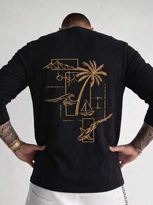 New Men's Casual Relaxed Everyday Versatile Palm Tree Creative Round Neck Long Sleeve T-Shirt - Black - View 5