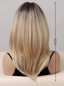 16 Inch Dark Brown Blonde Layered Wig With Bangs, Dark Roots, Synthetic Straight Heat-Resistant Wig For Women Daily Wear And Fashion Party - Multicolor - View 5