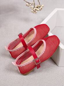 1 Pair Kids Flat Slip-On Mary Jane Shoes, Mesh Breathable Lightweight Casual Shoes, Suitable For School, Commuting And Outdoor Activities - Red - View 4
