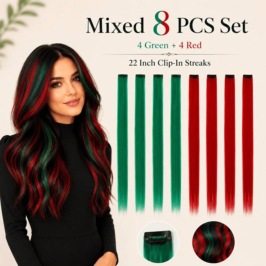 8pcs Red & Green Dual Color Clip-In Hair Extensions, 22 Inch Quick Clip Colorful Straight Hair Pieces, One-Piece Invisible Hair Clip, Easily Add Layers, Suitable For Halloween, Christmas, Party, Festival And Daily Styling - Green Red - View 1