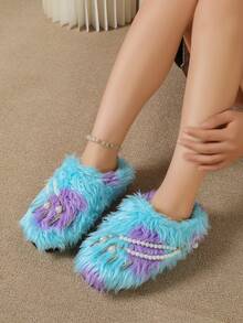 Women's Blue & Purple Colorblock Long Fur Mule Closed-Toe Slippers, Pearl Chain With Stud Rivets And Pearl Pendant Decor, No Back - Blue - View 6
