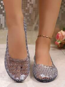 Transparent Shiny Blue PVC Hollow Woven Round Toe Low Vamp Jelly Sandals Women Flat Breathable Crystal Shoes Summer Fairy Style - Blue - View 3
