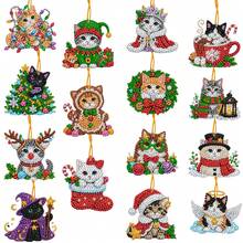 15PC Christmas Cat Diamond Painting Set, Double-Sided Diamond Art Hanging Decor Set With Rope, DIY Home Decor Party Handmade Gift - View 1