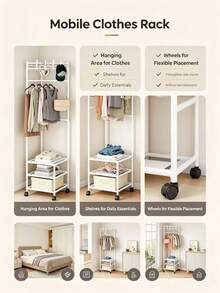 Mobile Garment Rack With Wheels, Multi‑Functional Metal Clothes Stand With Top Hooks & 3‑Tier Storage Shelves, Freestanding Clothing Organizer For Bedroom Entryway - View 2