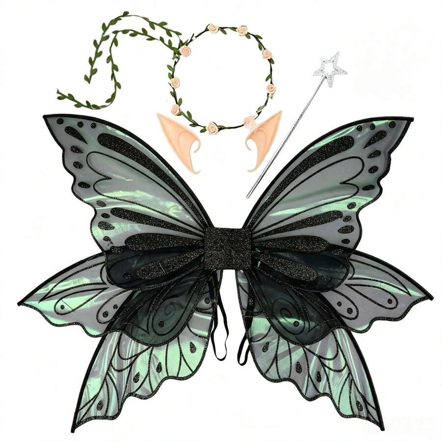 Adult & Fairy Wings Set, Includes Flower Crown, Fairy Hair Accessories With Sequins, Magic Wand And Elf Ears Organza Butterfly Wings Halloween - A - View 1