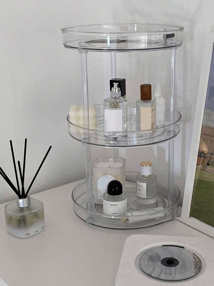 3-Tier Rotating Display Stand, Transparent Acrylic Cosmetic Organizer, Perfume Storage Rack, Makeup Organizer, Jewelry Storage Rack, Cosmetic Storage Rack, Perfume Box, Jewelry Tray, Round Vanity Tray, Room Decor, Bedroom Decor, Home Decor, Desktop Storage, Vanity Area