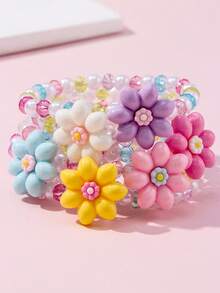 6 Pcs Flower Beaded Bracelet Set For Kids, Random Bright Colors, Cute Jewelry For Holiday Party Wear, Ideal Birthday Gift For Little Girls - Multicolor - View 11