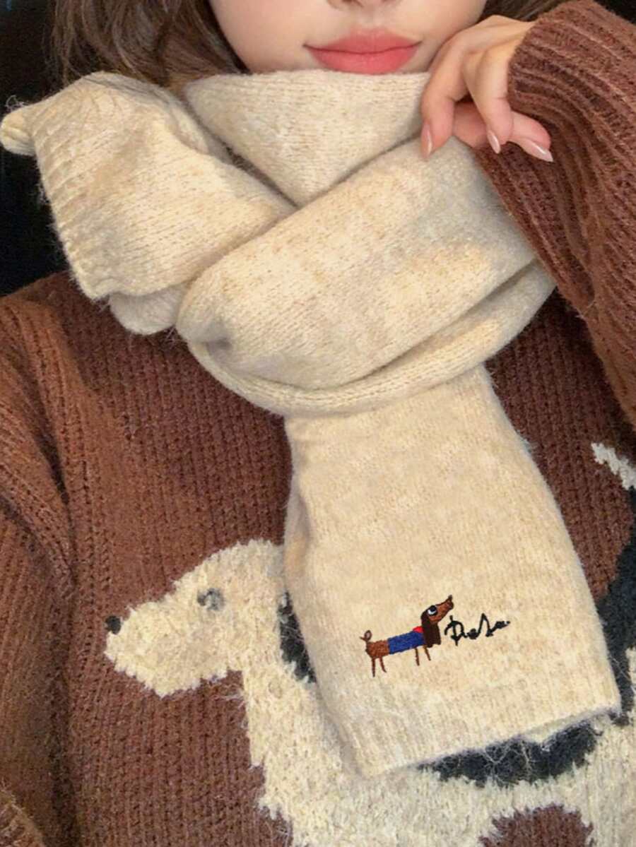 1pc Korean Style Versatile Embroidered Puppy Knitted Scarf Shawl Dual-Use Winter Warm Couple Knitted Neck Warmer - Beige - View 1