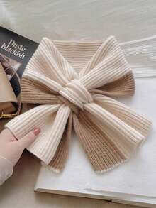 1pc Women Soft Ribbed Knit Bow Scarf, Contrast Color Patchwork Twisted Design Warm Neck Warmer, Suitable For Daily Outings And Commuting, Elegant Minimalist Style Autumn/Winter Neck Accessory - Multicolor - View 7
